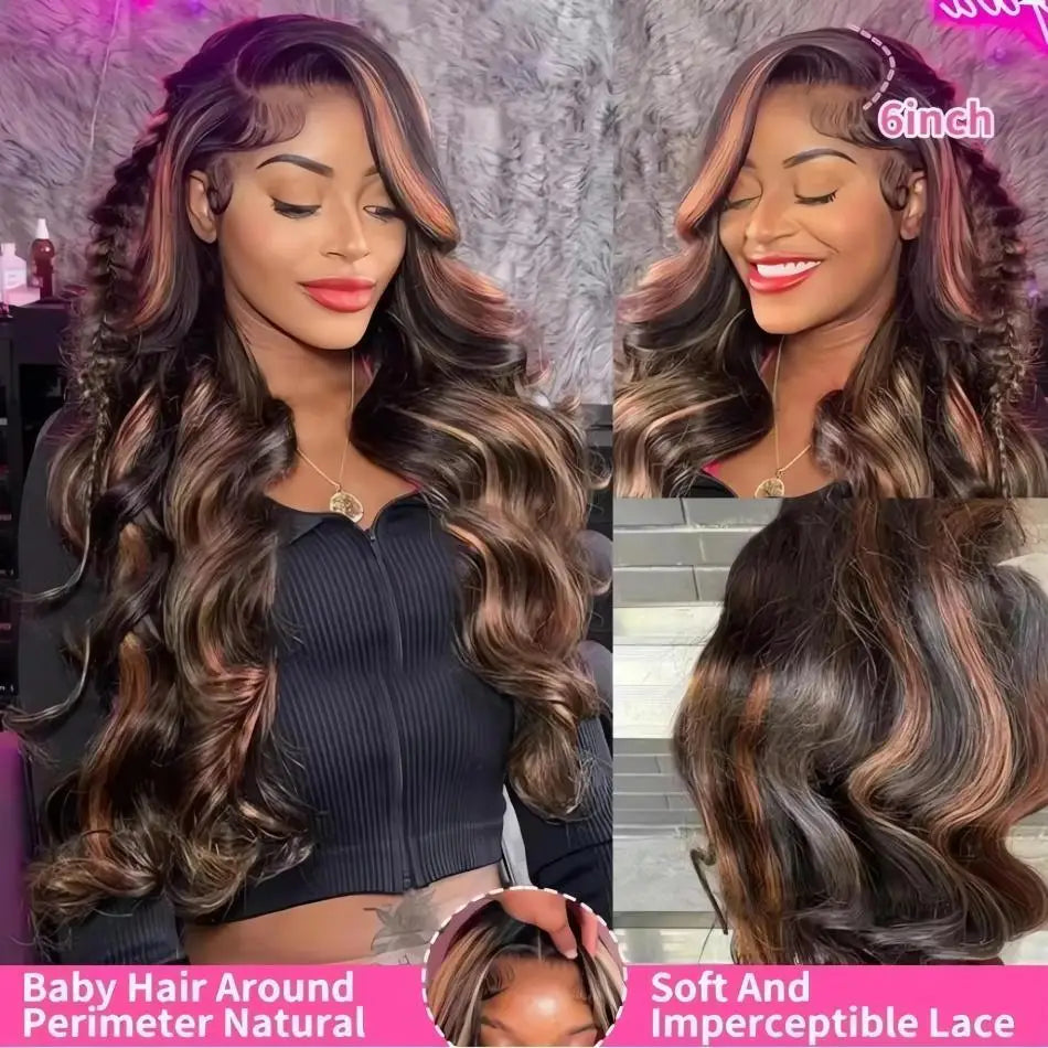 1B/30 Black Brown Body Wave 13x6 HD Lace Front Human Hair Wig (P427 Highlight Ombre, Remy Brazilian Hair)