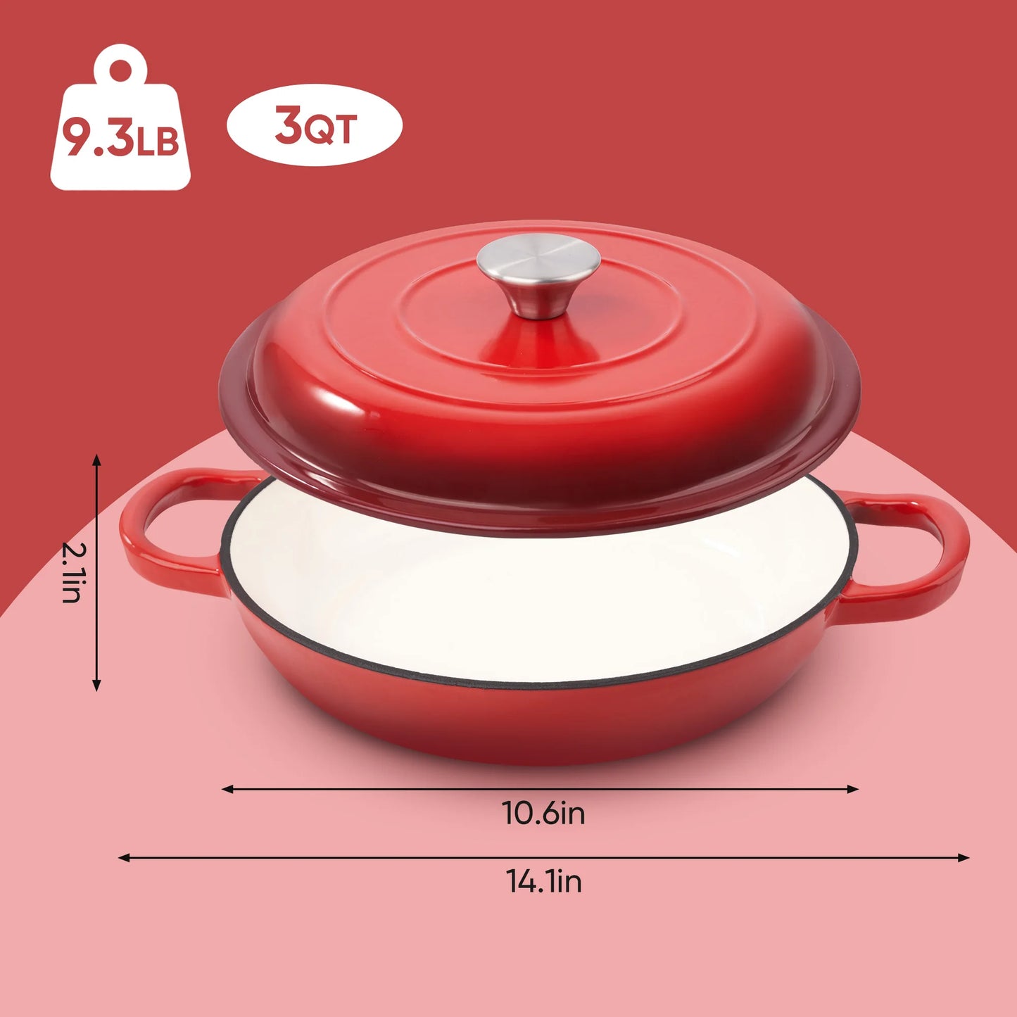 3QT Enamel Cast Iron Dutch Oven – Nonstick, Oven Safe up to 500°F