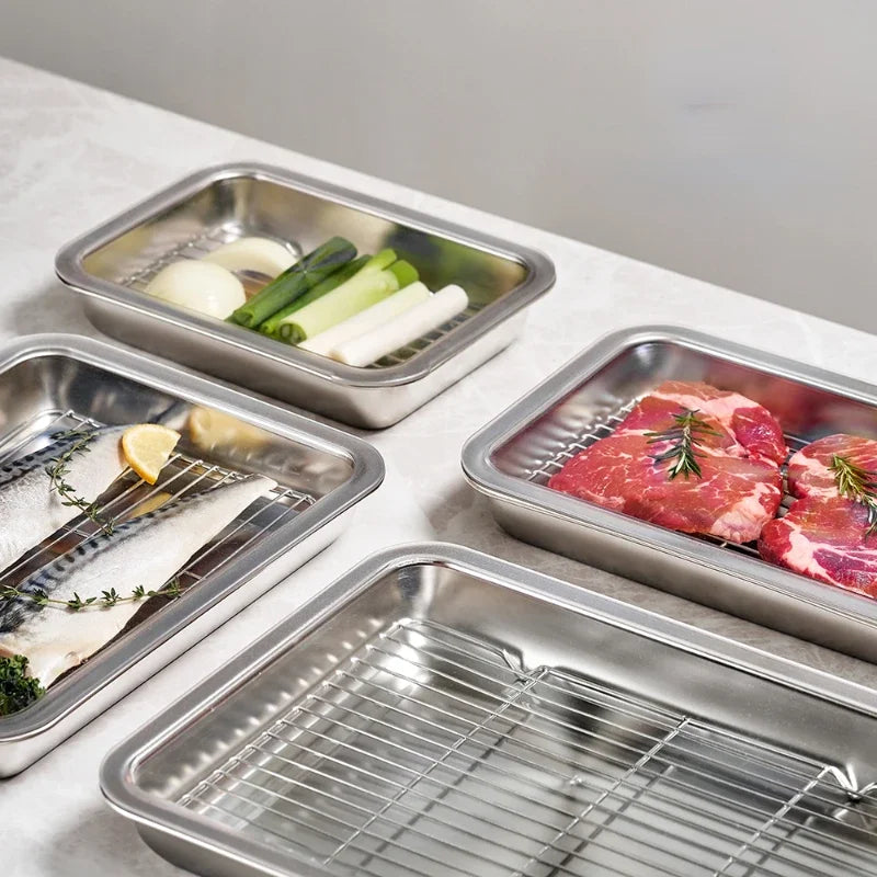 3PCS Stainless Steel Square Plates with Lids – Food Grade Multi-Purpose Set for BBQ, Steaming & Cold Dishes