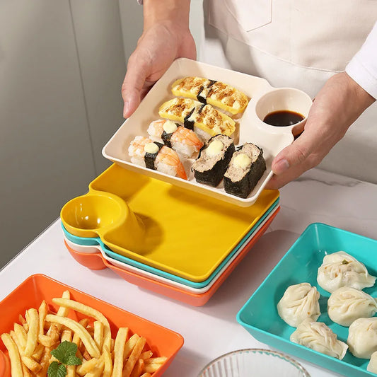 Plastic Serving Plate with Sauce Holder – Square Snack Tray for Dumplings, Fries & Party Food