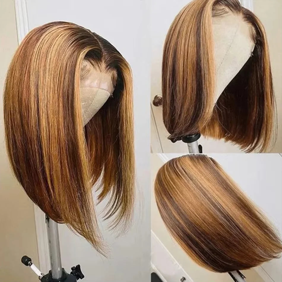 4/27 Ombre Highlight Straight Bob Human Hair Wig 13x4 Transparent Lace Front (Remy, Pre-Plucked)