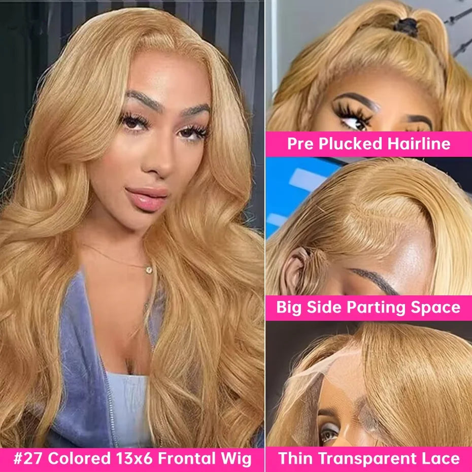 Honey Blonde 13x6 HD Lace Frontal Body Wave Human Hair Wig – Pre-Plucked Brazilian #27 Blonde