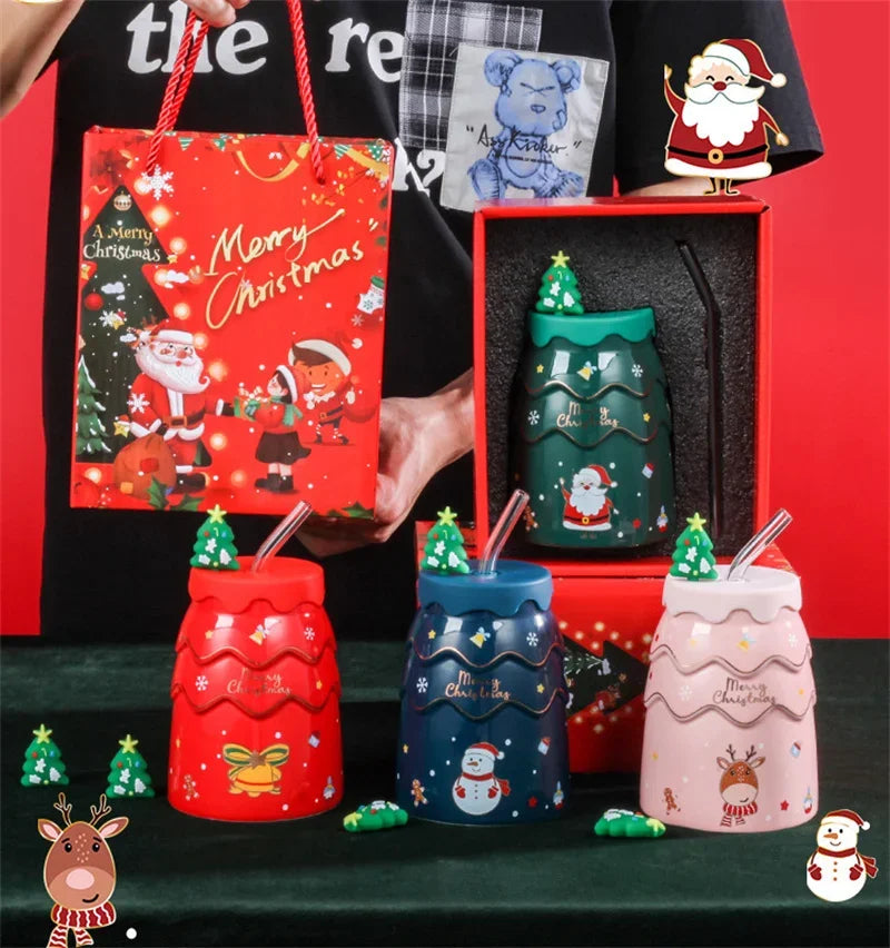 🎅 Christmas Ceramic Mug with Lid & Straw – Santa, Snowman & Tree Design Gift Cup