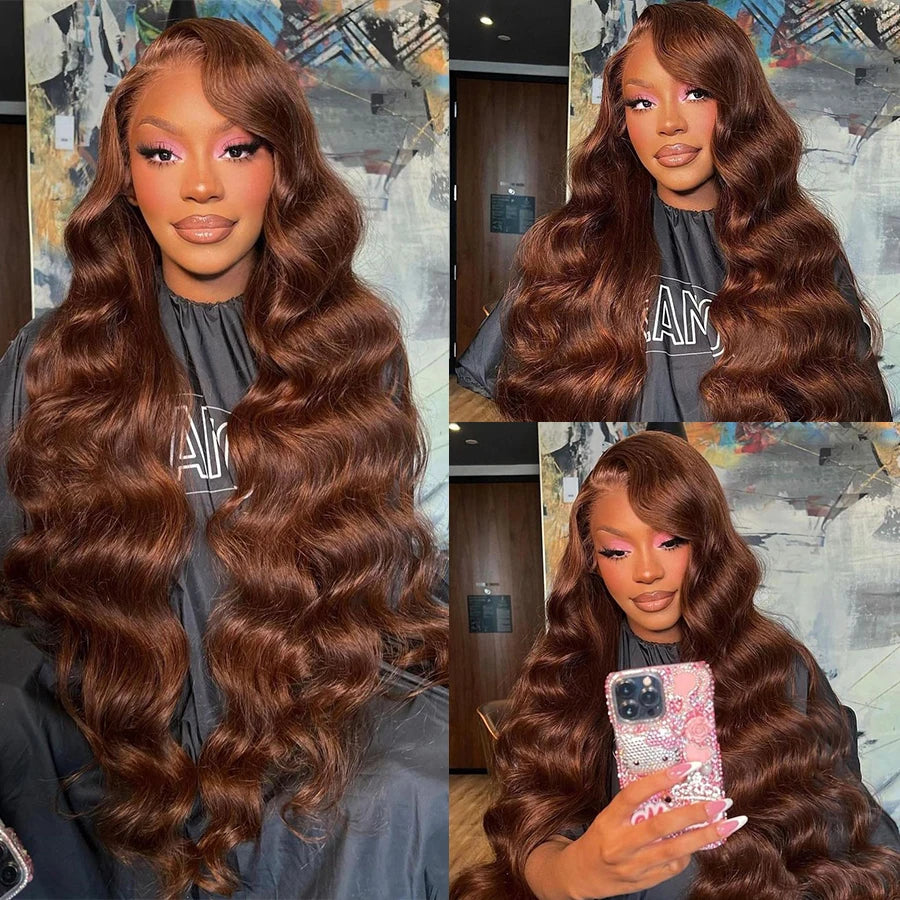 Chocolate Brown Body Wave HD Transparent Lace Front Human Hair Wig · 13x4 / 13x6 · 26+ Inch