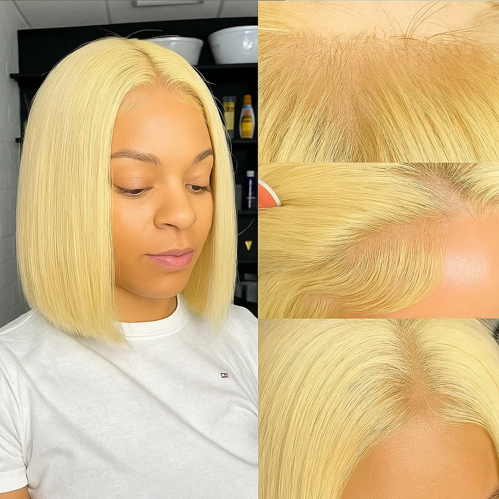 13x4 Blonde HD Transparent Lace Front Wig – 613 Short Straight Bob Human Hair Wig for Women