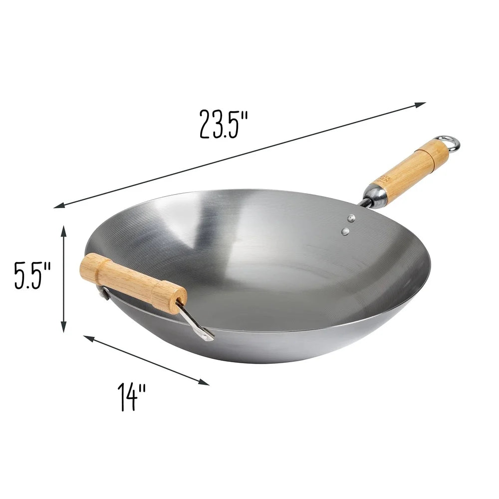 14-Inch Carbon Steel Wok – Round Bottom, Birch Handles, Induction Safe
