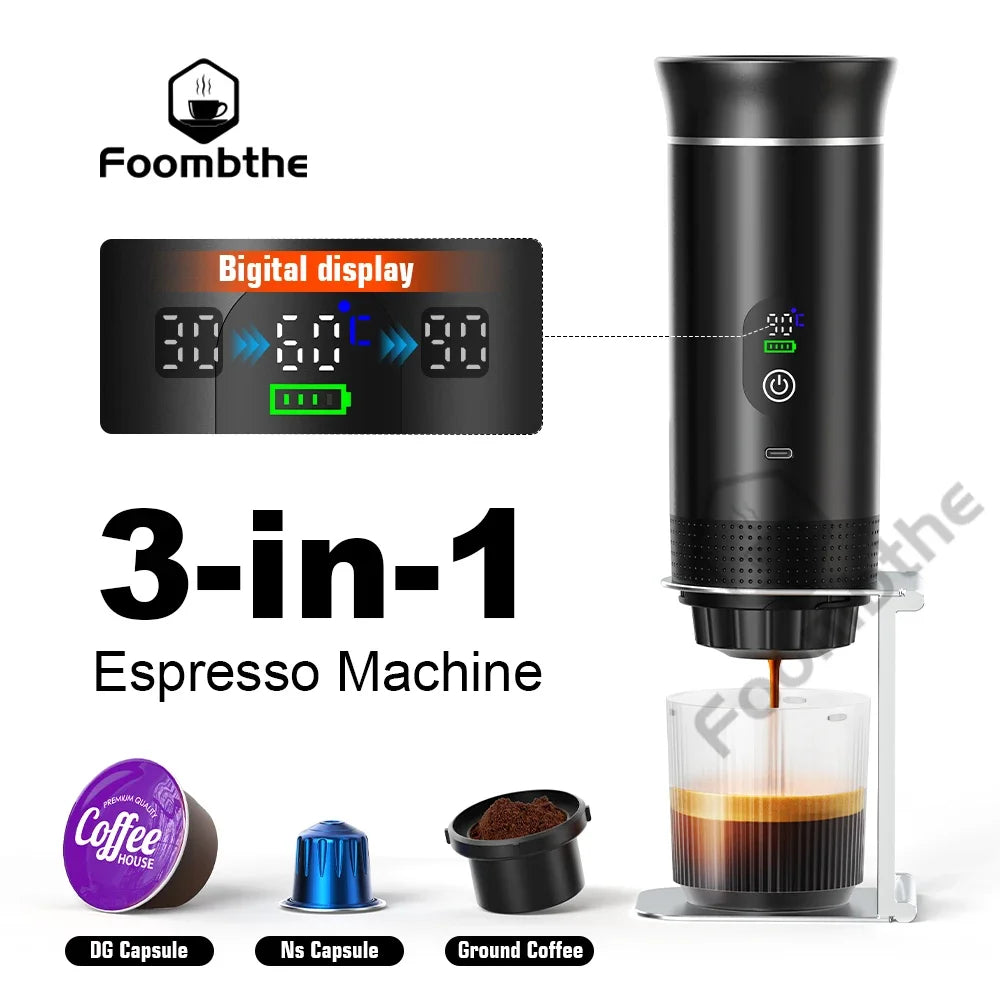 Portable 3-in-1 Espresso Coffee Maker — Digital Display Capsule Machine for Car, Home & Camping
