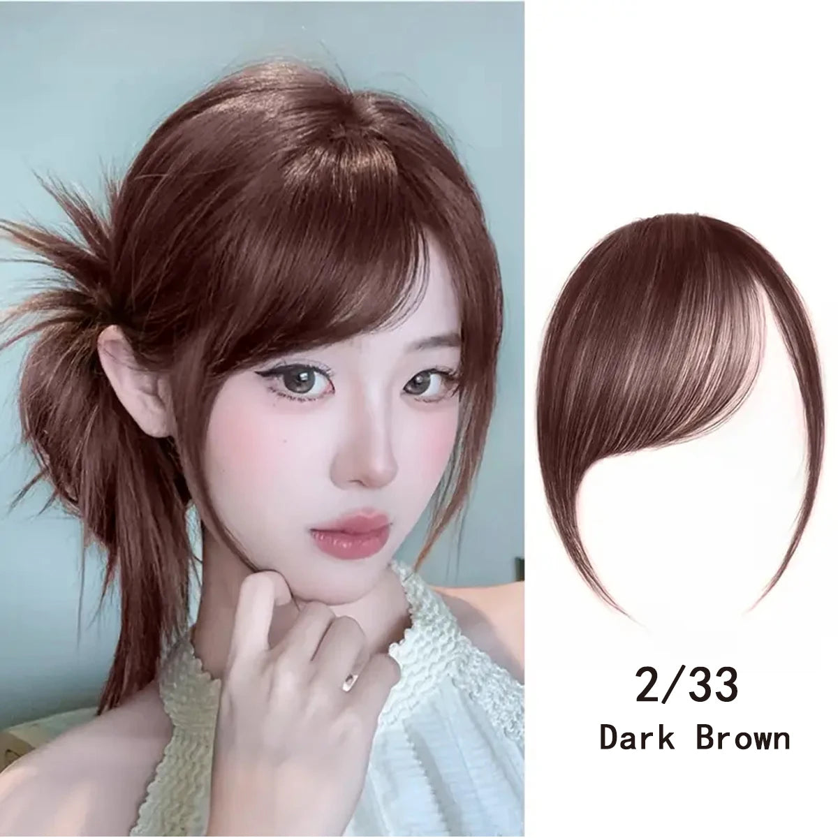 Slanted Air Bangs Clip-In Hairpiece | Synthetic Fringe Extension | 8 Inch | Light Airy | Black Brown