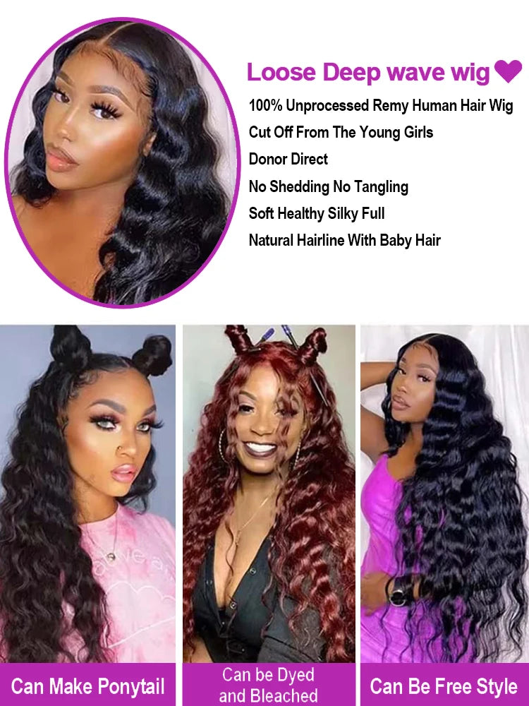 Loose Deep Wave 13×6 HD Lace Frontal Human Hair Wig – 30–40 Inch Brazilian Loose Deep Curl, Pre-Plucked Natural Hairline