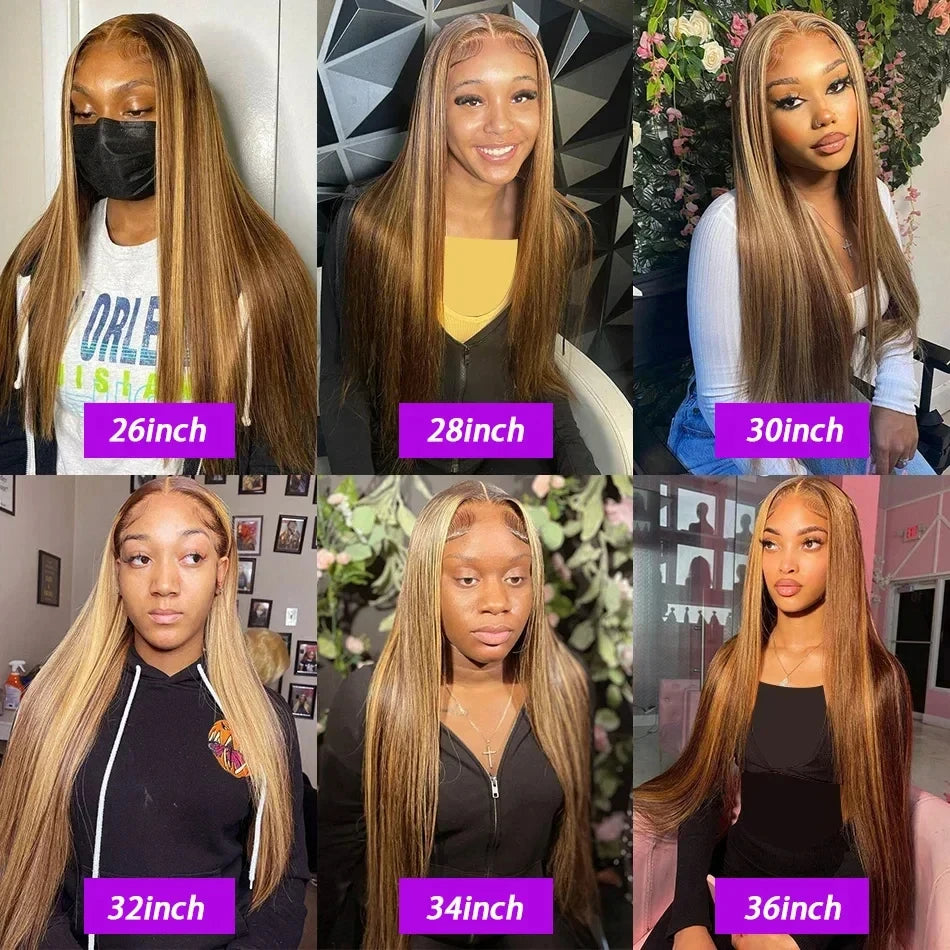 38" 4/27 Honey Blonde Ombre Straight HD Lace Front Human Hair Wig (13x6, Remy)