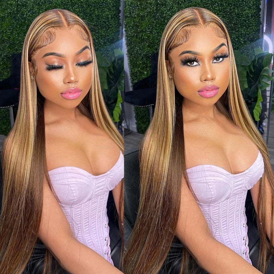 Silkwave 13x4 & 13x6 Highlight Straight Human Hair Lace Front Wig – Brown Blonde 4/27 Pre-Plucked Brazilian Remy