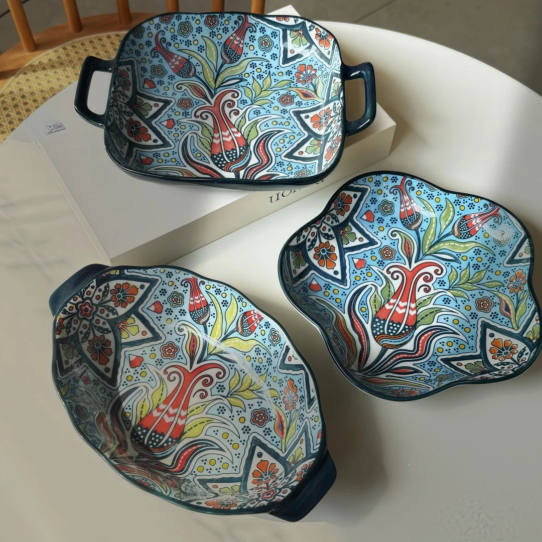 Bohemian Ceramic Plate Set – Double-Eared Fish Plates & High-Value Salad Dish for Home Dining and Cooking