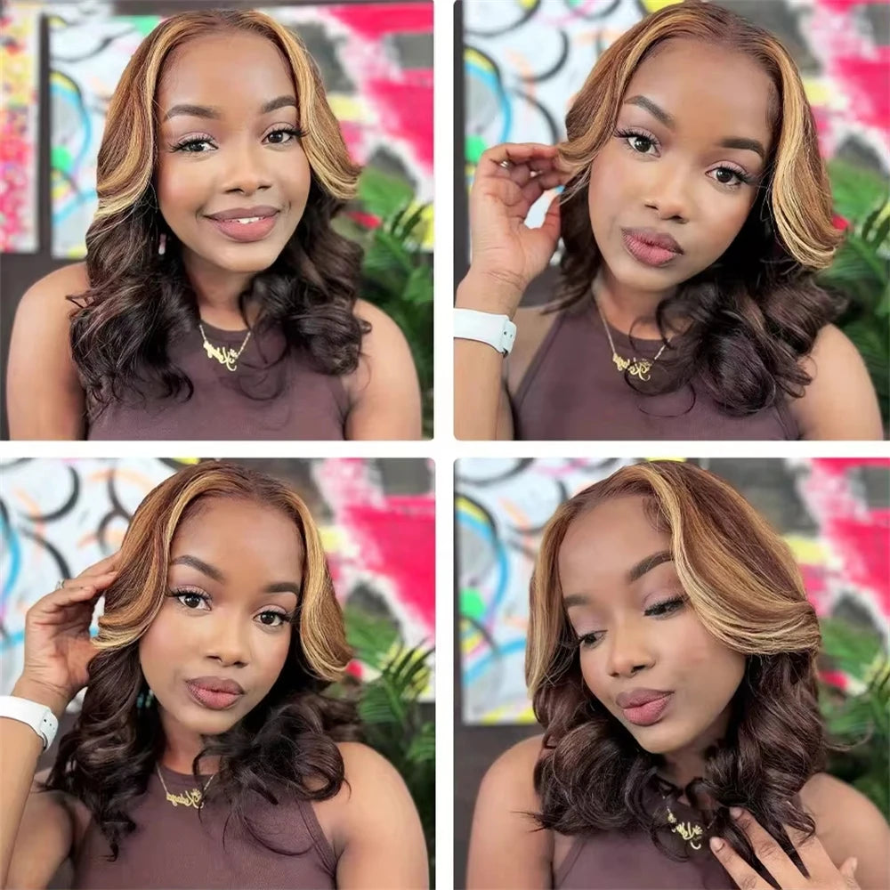 P4/27 Ombre Highlight Body Wave Bob Wig (13x4 Transparent Lace, Pre-Plucked) – 100% Human Hair