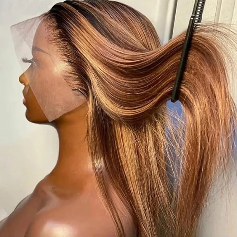 38" 4/27 Honey Blonde Ombre Straight HD Lace Front Human Hair Wig (13x6, Remy)