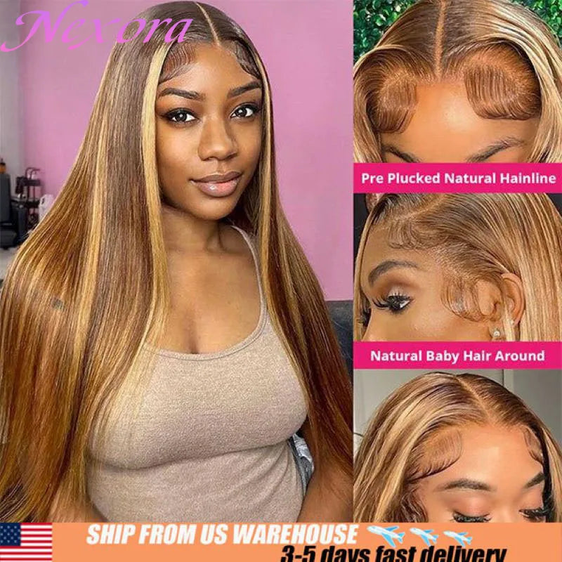 4/27 Highlight Straight HD Lace Front Wig – 38 Inch Long Human Hair, 200% Density Brazilian Wig