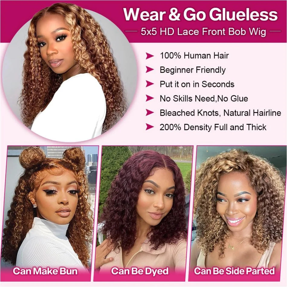 427 Highlight Deep Wave Bob Wig (250% Density) | Glueless 5x5 HD Lace Closure | Brazilian Human Hair