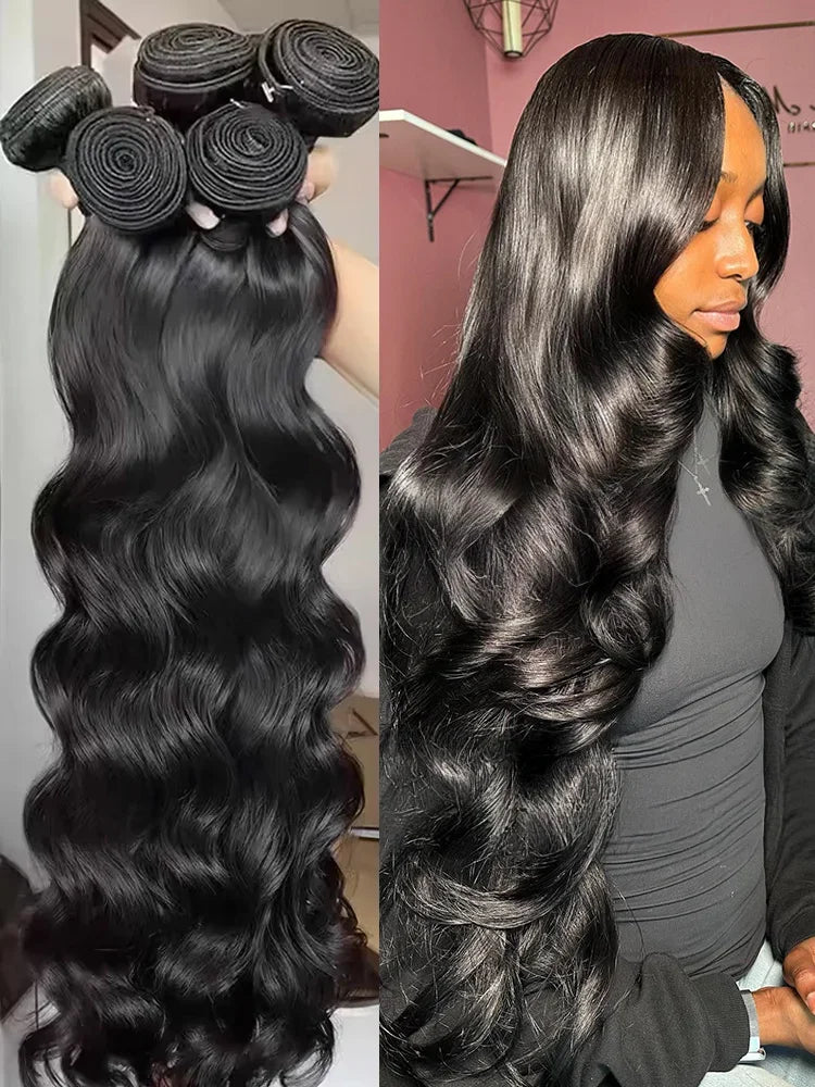 10A Brazilian Raw Body Wave Hair Bundles (30–40 Inch, Double Weft, 1/3/4 Bundles)