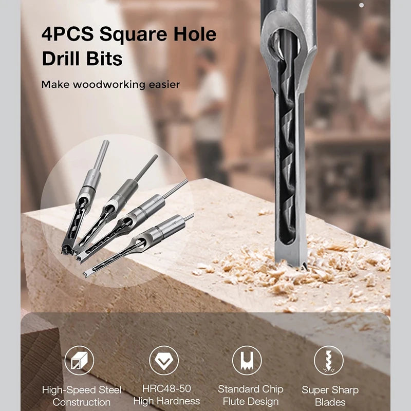 HSS Square Hole Drill Bit Set – Woodworking Mortising Chisel Auger Tools for DIY Furniture
