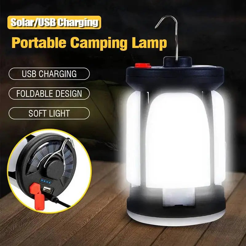 Rechargeable LED Camping Lantern with Solar & USB Power | Portable Folding Tent Light for Hiking, Fishing & Outdoor Use