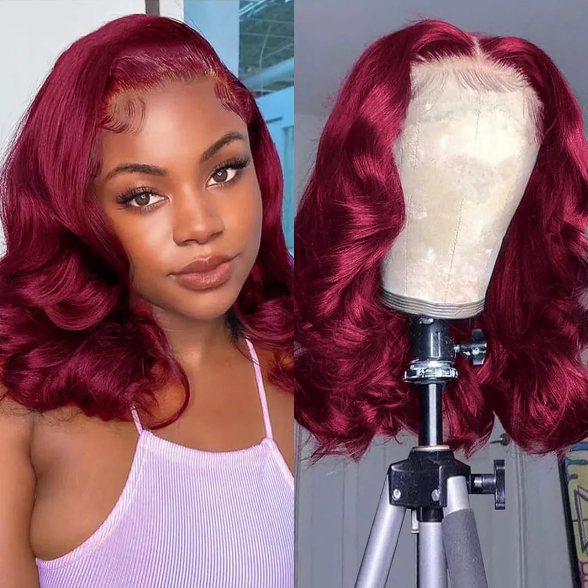 Brazilian 230% 99J Bouncy Curly Bob 13x4 HD Lace99J Burgundy Curly Bob 13x4 HD Lace Front Human Hair Wig (230% Density) Front Human Hair Wigs 99J Burgundy Body Wave Bob Wig Short Curly Human Hair Wig
