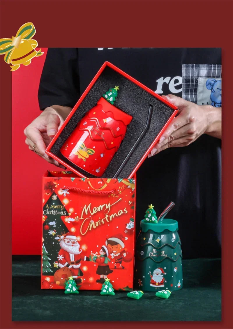 🎅 Christmas Ceramic Mug with Lid & Straw – Santa, Snowman & Tree Design Gift Cup