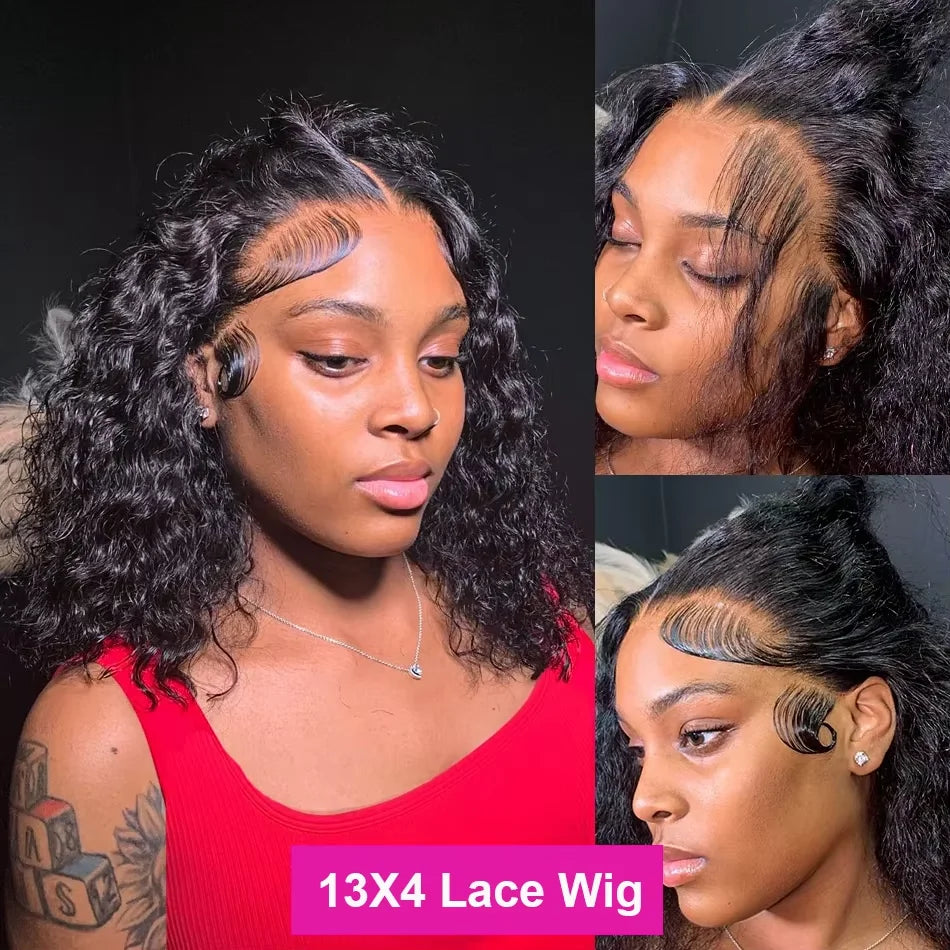 Deep Wave Short Bob 13x4 Lace Front Remy Human Hair Wig (Transparent Swiss Lace, Pre-Plucked Look)