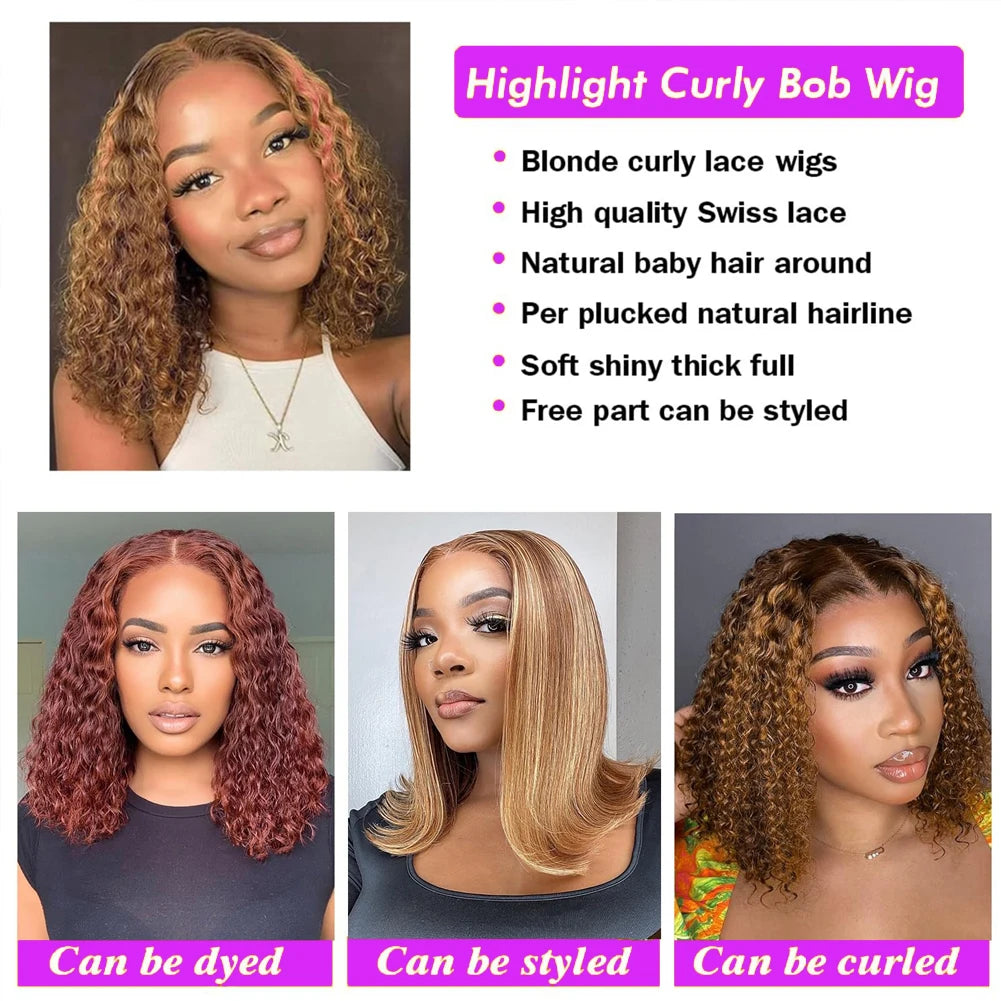 250% Density Highlight Deep Wave Curly Bob Human Hair Wig 13x4 Transparent Lace Front