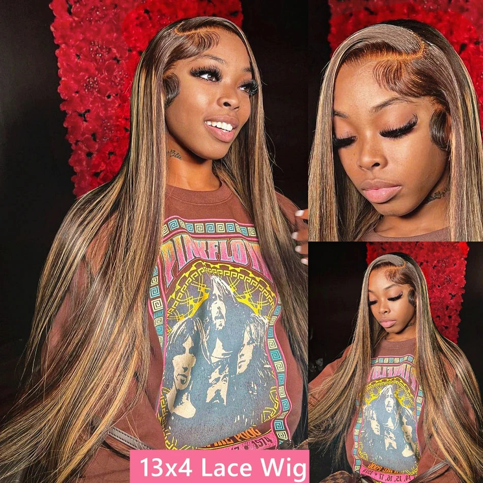38" 4/27 Honey Blonde Ombre Straight HD Lace Front Human Hair Wig (13x6, Remy)