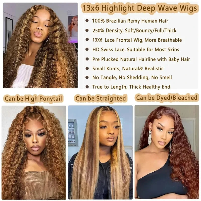 30" Water Wave 4/27 Highlight Ombre 13x6 HD Lace Front Wig (250% Density)