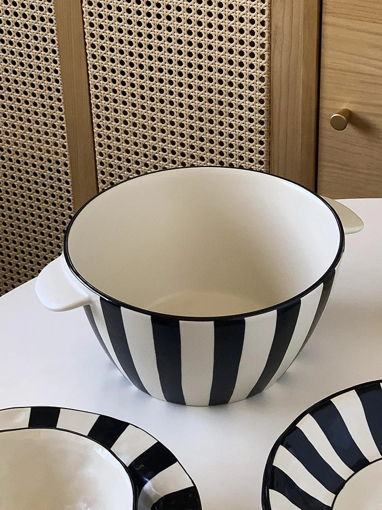 Ins Style Striped Ceramic Bowl – Handcrafted Black & White Tableware for Breakfast, Noodles, Fruits & Desserts