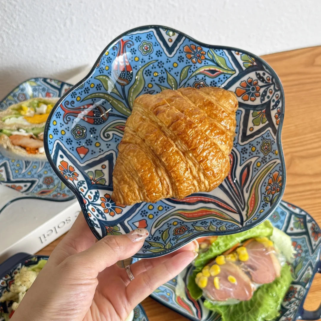 Bohemian Ceramic Plate Set – Double-Eared Fish Plates & High-Value Salad Dish for Home Dining and Cooking