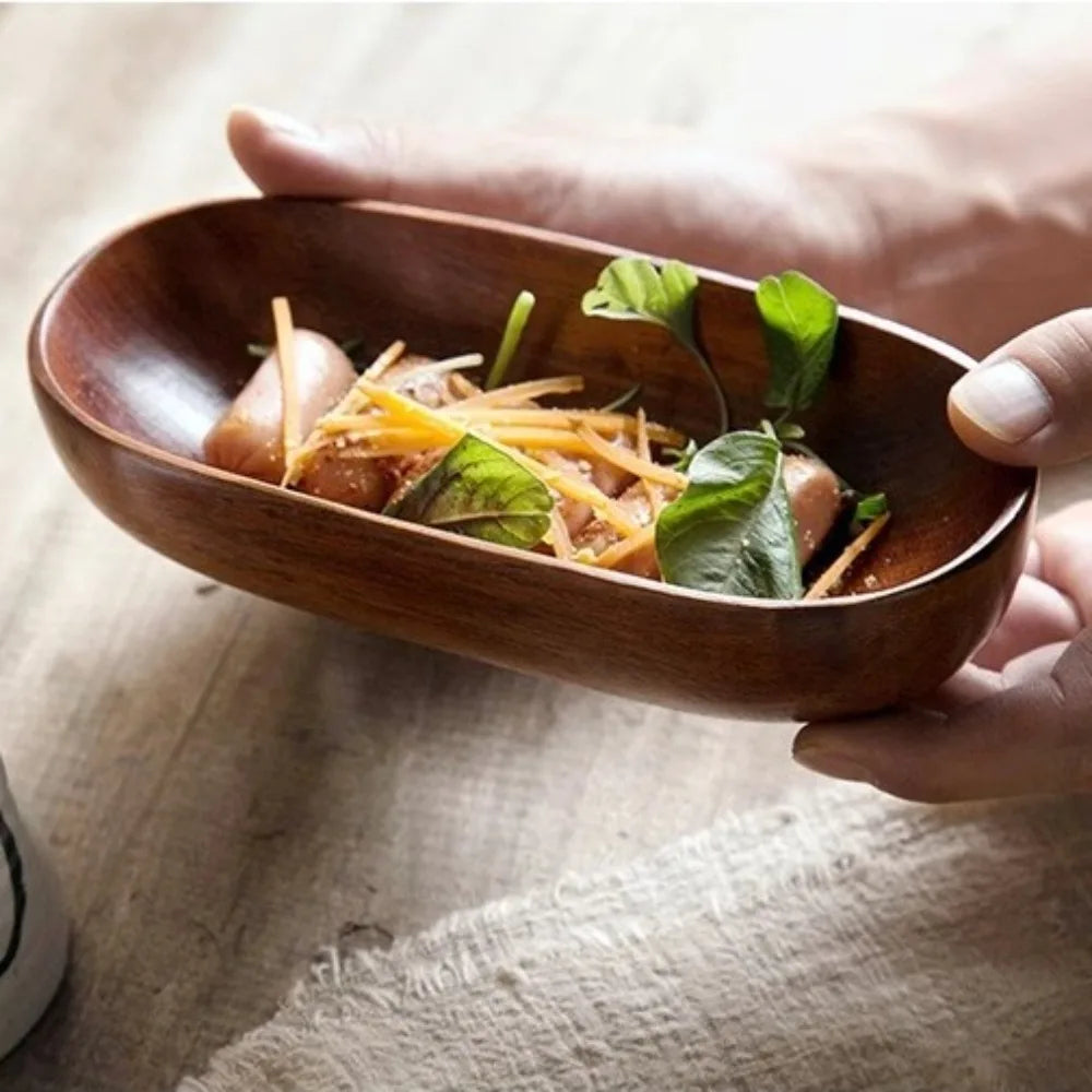 Creative Wooden Oval Salad Bowl – Japanese Boat Style Serving Tray