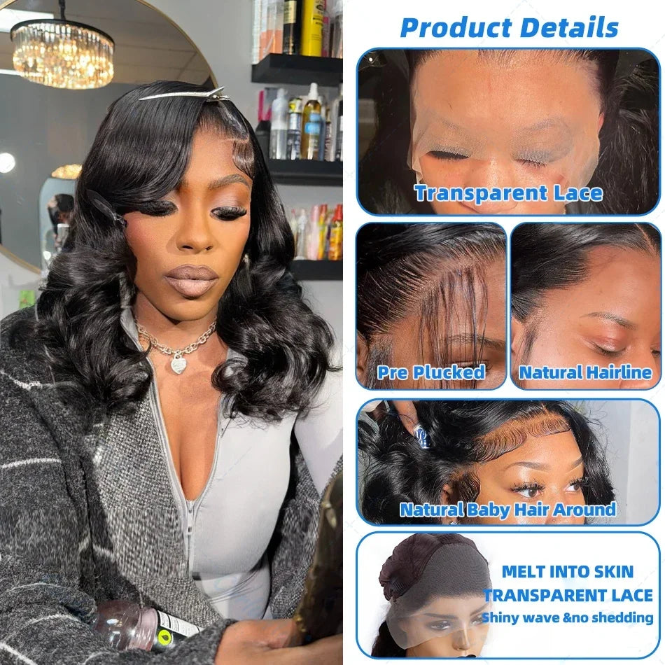 200% Density 5x5 Glueless Short Bob Body Wave 13x6 HD Transparent Lace Front Human Hair Wig