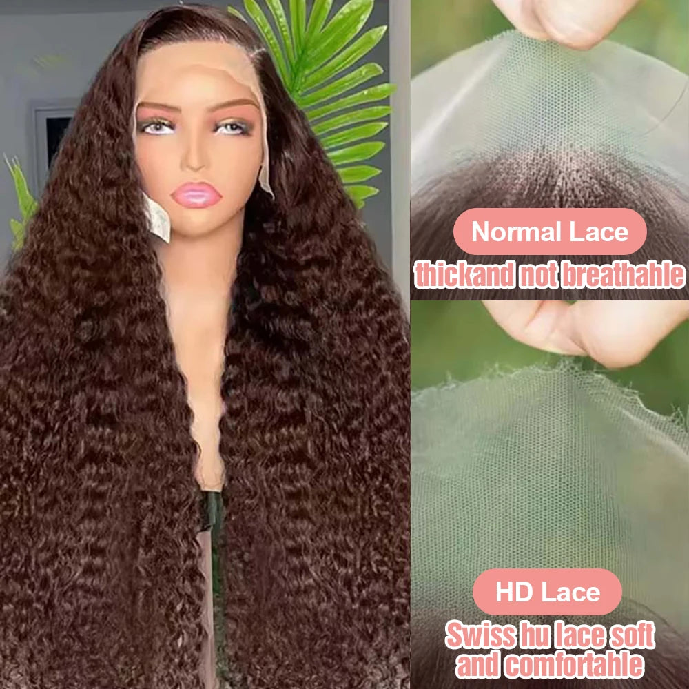 Deep Curly Chocolate Brown HD Lace Frontal Wig – 13x4 / 13x6 Virgin Brazilian Human Hair (30–36 Inch)