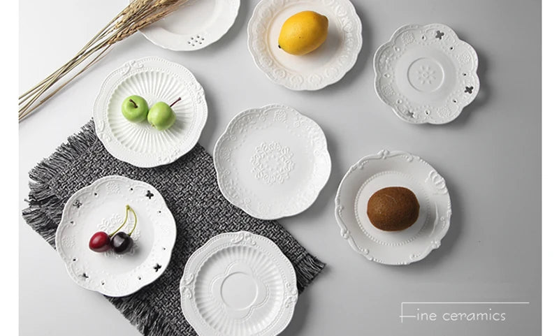 White Embossed Porcelain Plate – 6-Inch Round Ceramic Serving Dish for Weddings, Parties & Elegant Buffet Displays