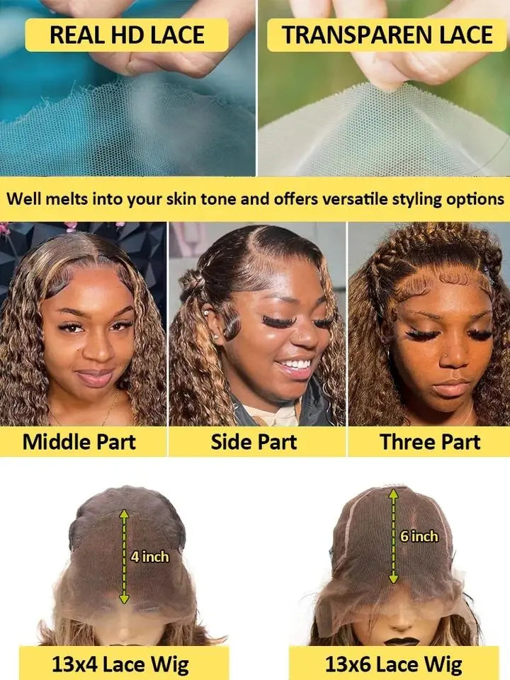 Ombre Highlight Water Wave HD Lace Front Wig (13x6 / 13x4) – Brazilian Remy Human Hair, Deep Wave Frontal (26"+)