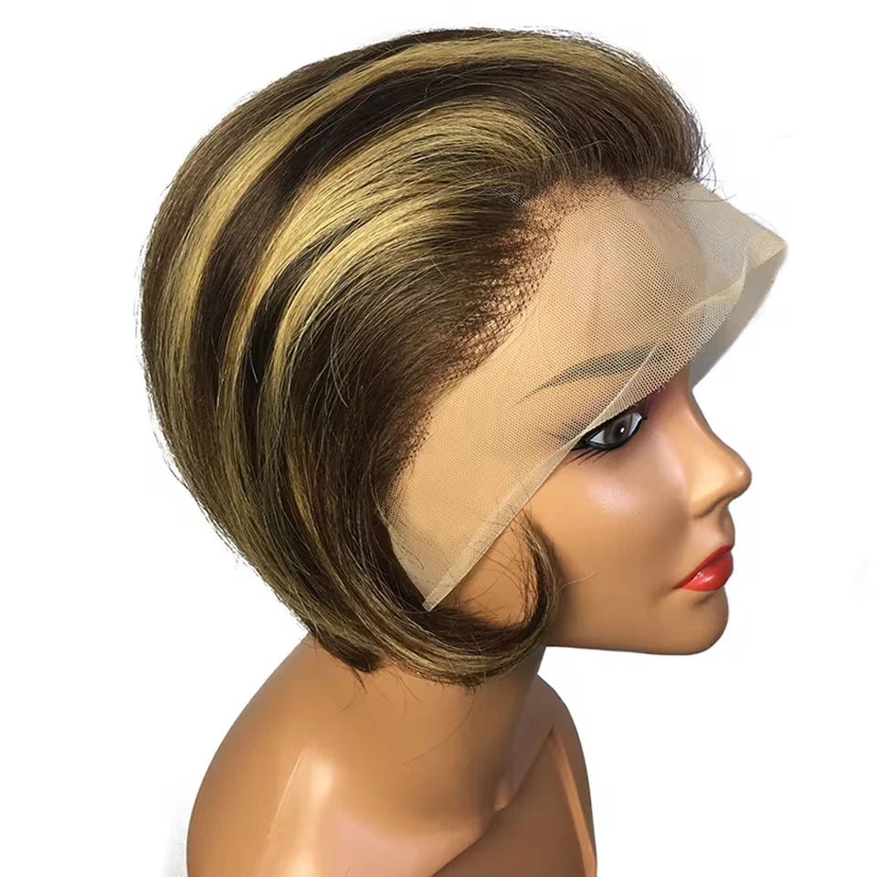 13x4 HD Lace Frontal Wig Pixie Wut Wig Straight Human Hair Wigs T-Part Lace Black Wig Pre Plucked Pixie Cut Highlight Wig Hair