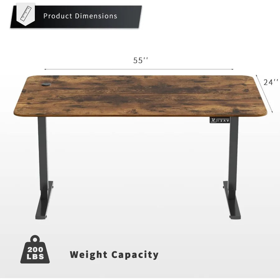 55" Height Adjustable Electric Standing Desk – Rustic Brown Top, Black Leg | Home Office Computer Workstation