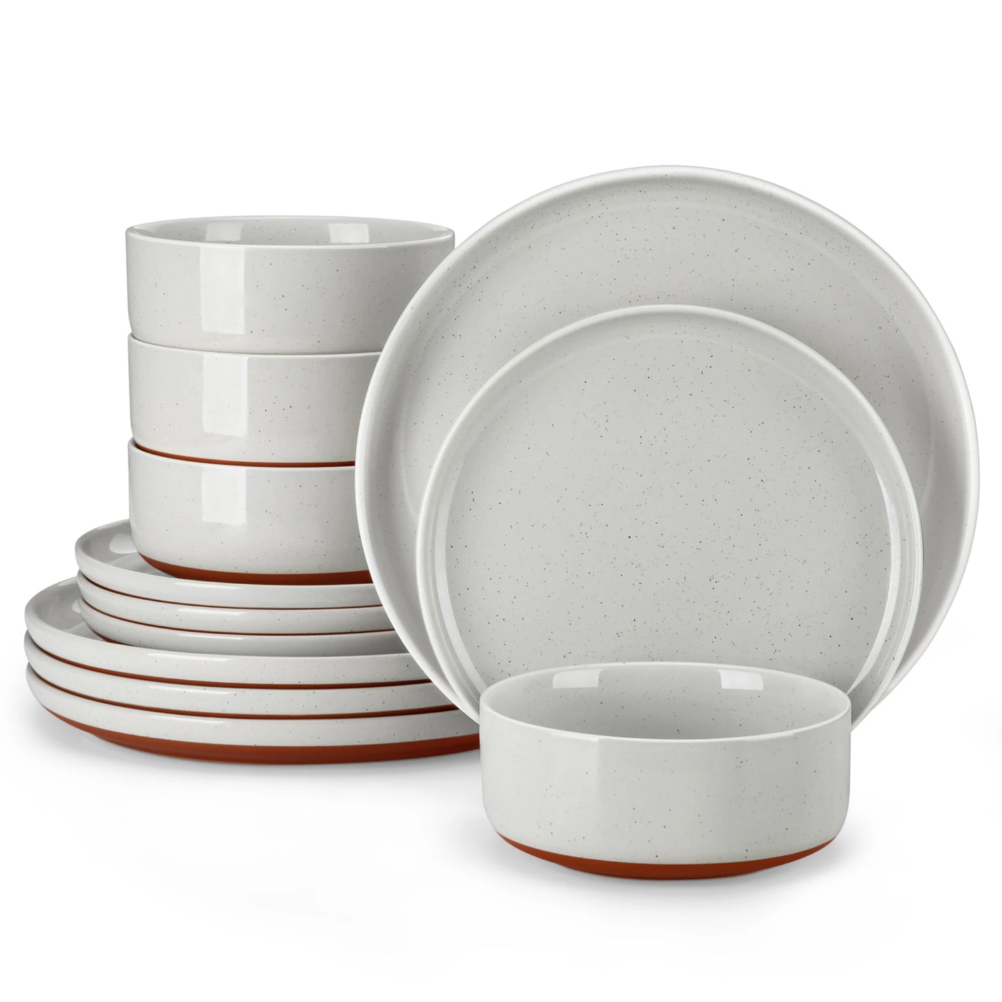 MALACASA TARA 12/24-Piece Stoneware Dinnerware Set – Curved Edge Sesame Glaze Plates & Bowls for 4/6 Person Dining