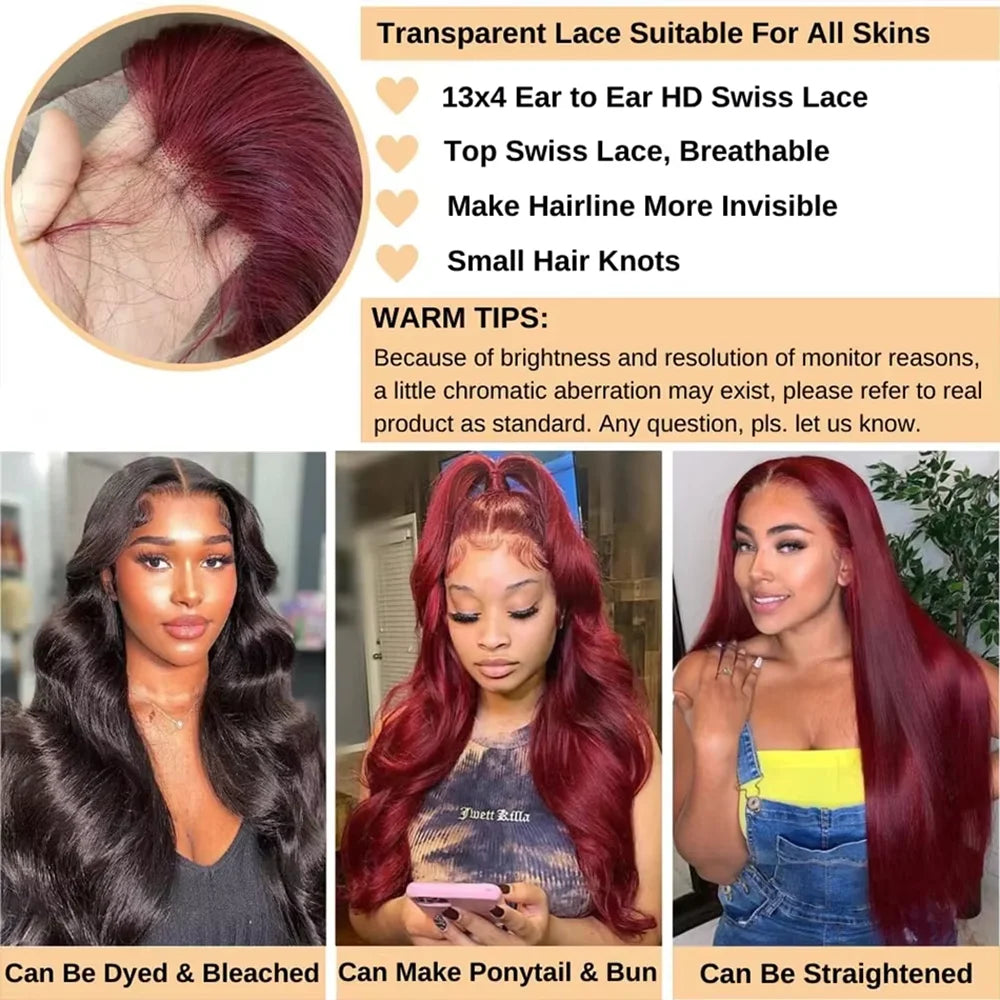 Fuduete 99J Burgundy Body Wave HD Lace Front Wig | Brazilian Remy Human Hair | Transparent Lace