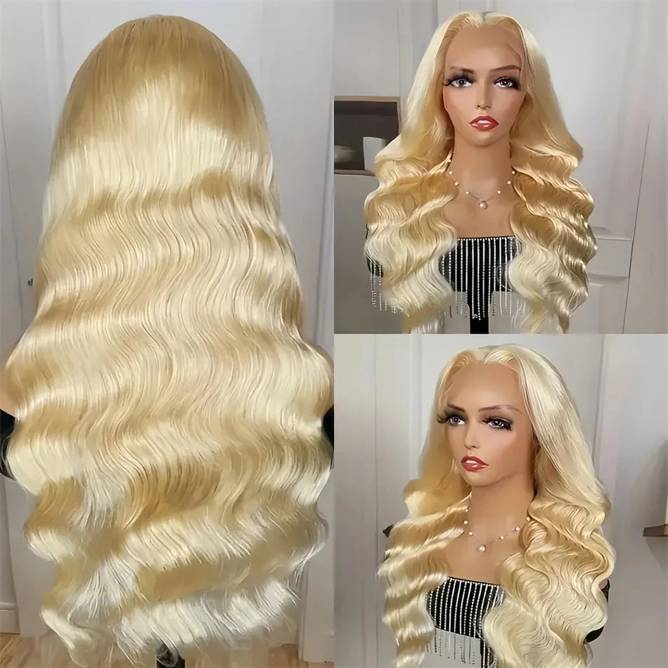 613 Gold Blonde 13x6 HD Transparent Lace Front Wig – 220 Density Body Wave, 30 Inch (Brazilian Remy Human Hair)