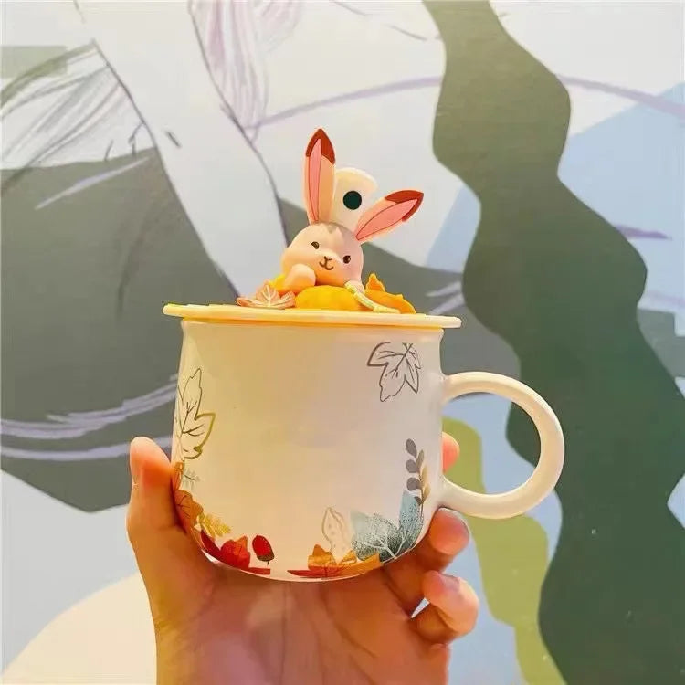 Autumn Forest Animal Ceramic Mug with Lid – Cute Fox, Rabbit & Squirrel Cup