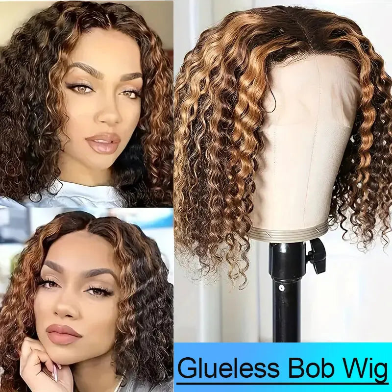Deep Wave Bob Wig – 5x5 HD Lace Front, Glueless, 4/27 Ombre Highlight, 220% Density Human Hair