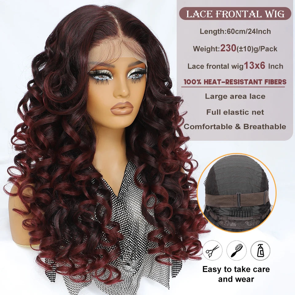 Latisha 13x6 Lace Front Wig – Curly Highlight Synthetic Wig with Baby Hair, 24 Inch Heat-Resistant Fiber