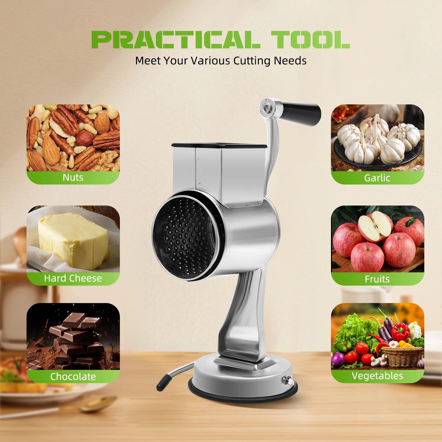 Manual Rotary Grater – 5-in-1 Stainless Steel Vegetable & Cheese Slicer Grinder