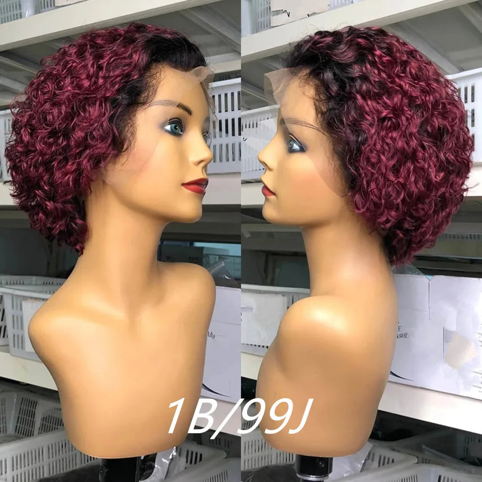 99J Burgundy Highlight Short Curly Pixie Cut Human Hair Lace Front Wig – Pre-Plucked 13×2 Bob Style