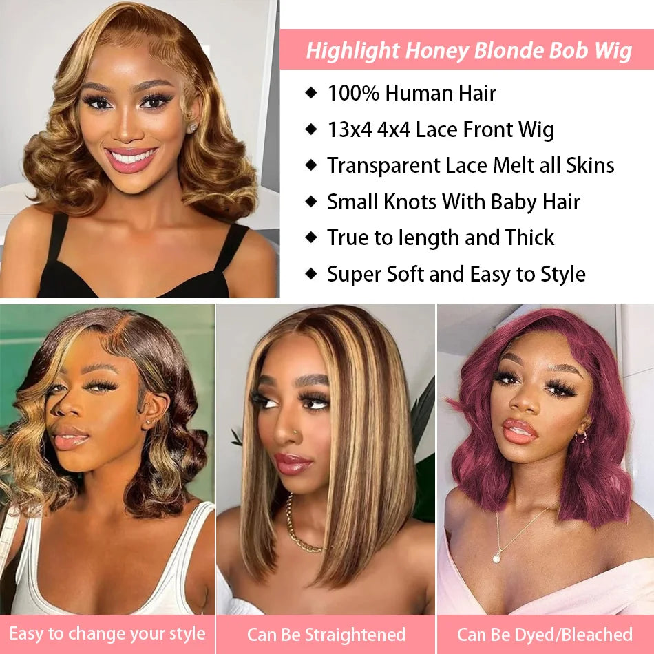 Short Body Wave Bob Wig with Highlights – 13×4 Transparent Lace Frontal, Ombre Brown Blonde 4/27, 100% Brazilian Human Hair