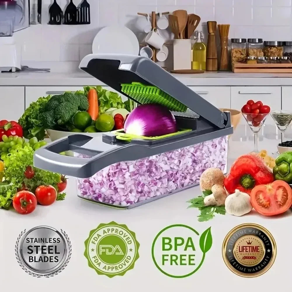 Multifunctional Vegetable Chopper 14/16-in-1 | Food Slicer, Dicer & Grater with Container – Stainless Steel Blades
