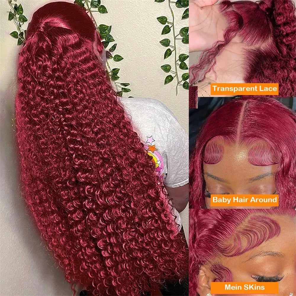 99J Burgundy Deep Wave Lace Frontal Human Hair Wig – 30 Inch HD Transparent Lace