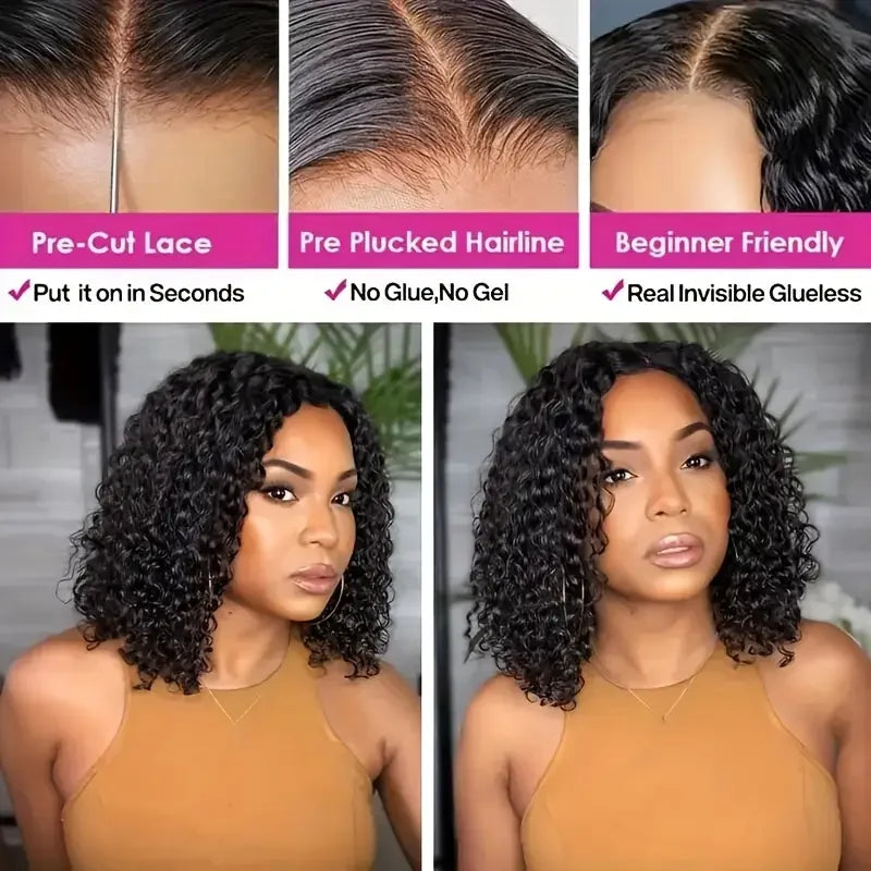 4x4 Put On & Go Glueless Kinky Curly Bob Wig (Pre-Cut Lace, Pre-Plucked) – Brazilian Remy Human Hair